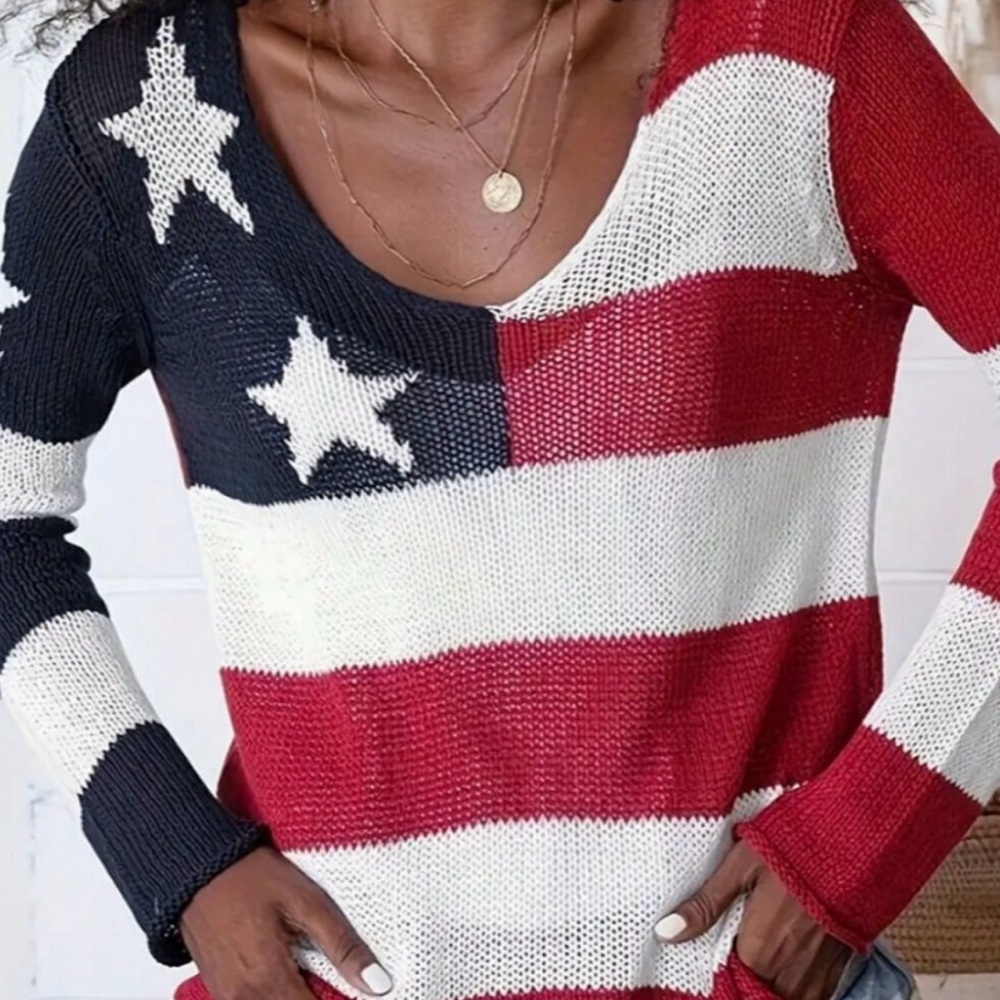 Multicolor Casual Women's Star Pattern 4th Of July V Neck Knit Long Sleeve Top